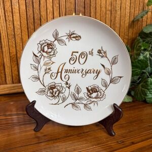 New Trends 50th Anniversary Plate 7.5in White Excellent Gold Rose Japan
